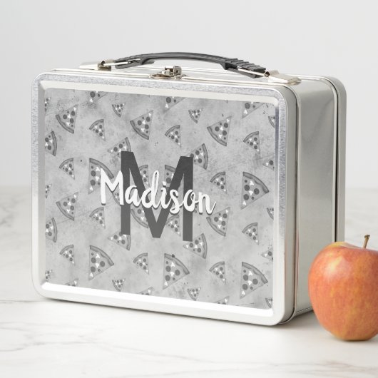 ピザスライスカッコいいヴィンテージ白黒グレーモノグラム メタルランチボックス (インサイチュ)