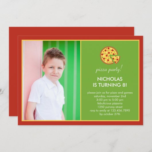 ピザスライスフォト誕生日招待状 招待状 (正面/裏面)