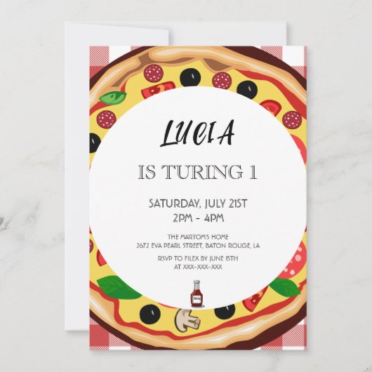 ピザスライスモダン第1誕生日招待状 招待状 (正面)