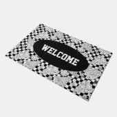 ピザスライス市松模様に白黒シェフウェルカム ドアマット (アングル)