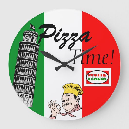 ピザタイムイタリア人の旗 ラージ壁時計 (正面)