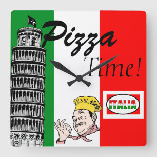 ピザタイムイタリア語 スクエア壁時計