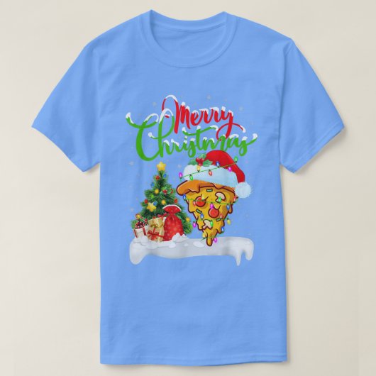 ピザディッシュおもしろい恋人クリスマス照明サンタピザC Tシャツ (デザイン正面)