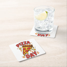 ピザデー – おもしろいペローニピザスライスデザイン スクエアペーパーコースター