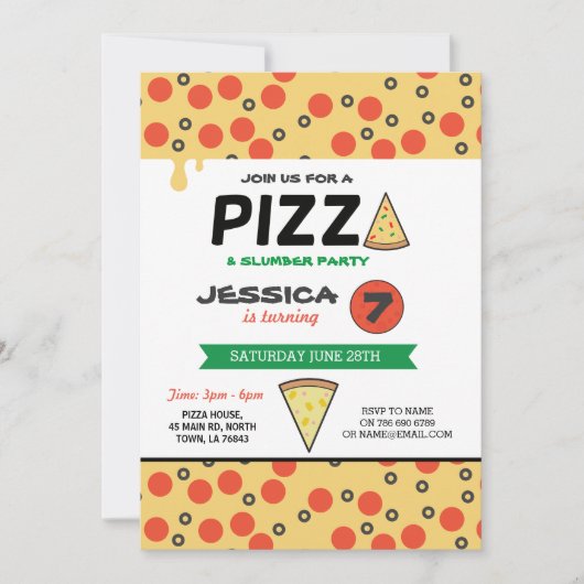 ピザバースデーパーティースランバースリープオーバー招待状 招待状 (正面)
