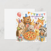 ピザパジャマパーティー かわいい動物の誕生日 招待状 (正面/裏面)