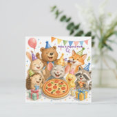 ピザパジャマパーティー かわいい動物の誕生日 招待状 (スタンド正面)