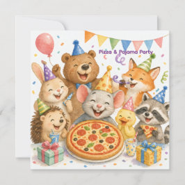 ピザパジャマパーティー かわいい動物の誕生日 招待状
