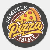 ピザパパーソナライズされたレス誕生日パーティー、任意の年齢 ラウンドシール (正面)