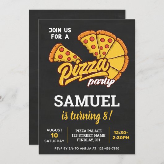 ピザパパーソナライズされたレス誕生日パーティー、任意の年齢 招待状 (正面/裏面)