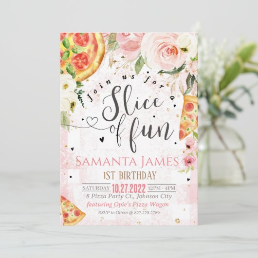 ピザパーティの招待状1st誕生日招待状ピザ 招待状 (スタンド正面)