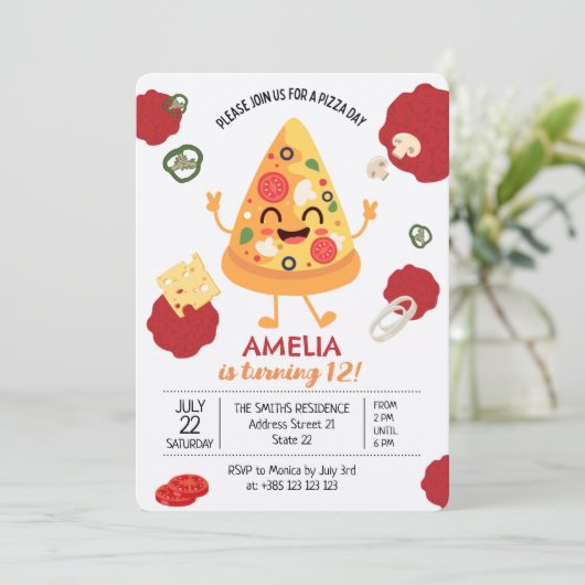 ピザパーティーかわいい誕生日招待状 招待状 (スタンド正面)