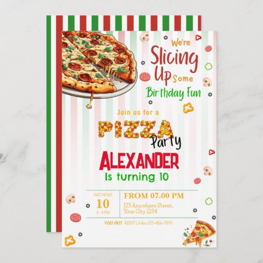 ピザパーティーのお誕生日招待状 招待状 (正面/裏面)