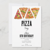 ピザパーティーのテーマ 水彩画 誕生日 子供たち 招待状 (正面)