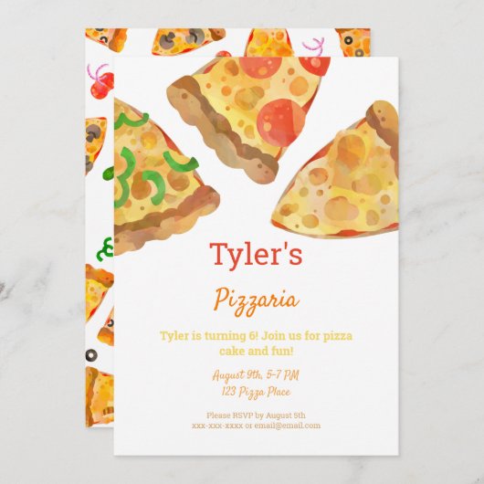 ピザパーティーの水彩画の誕生日招待状 招待状 (正面/裏面)