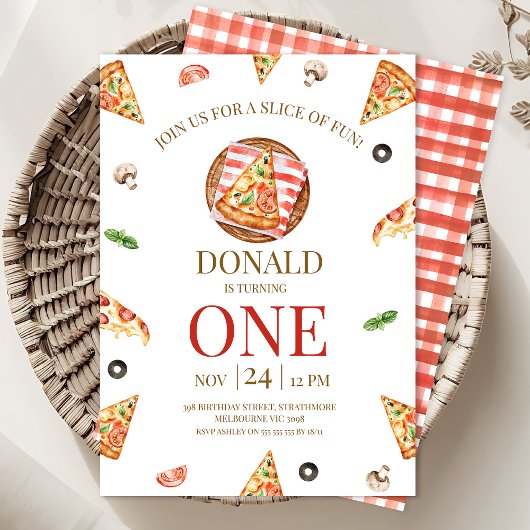 ピザパーティースライスおもしろい1st誕生日 招待状