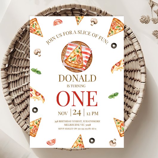 ピザパーティースライスおもしろい1st誕生日 招待状
