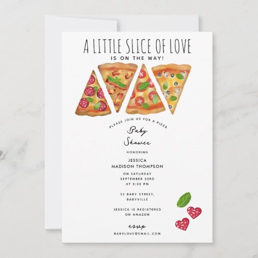 ピザパーティーテーマ水の色ベビーシャワー愛 招待状 (正面)