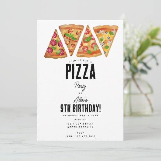 ピザパーティーテーマ水彩誕生日キッズ 招待状 (スタンド正面)