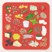 ピザパーティートッピングイタリアンフードピッツェリアパイ スクエアペーパーコースター (正面)