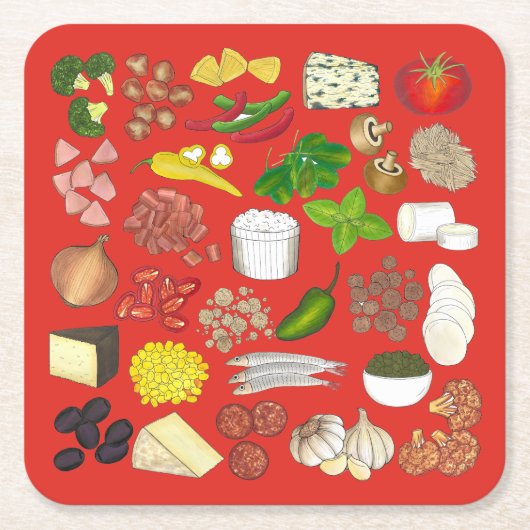 ピザパーティートッピングイタリアンフードピッツェリアパイ スクエアペーパーコースター (正面)