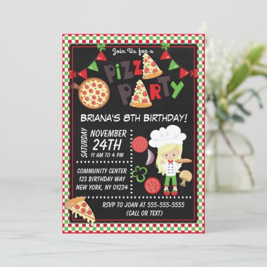 ピザパーティーブロンドガール子供の誕生日パーティー 招待状 (スタンド正面)
