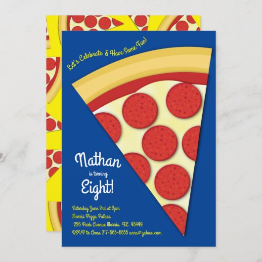 ピザパーティーペペローニピザスライス 招待状 (正面/裏面)