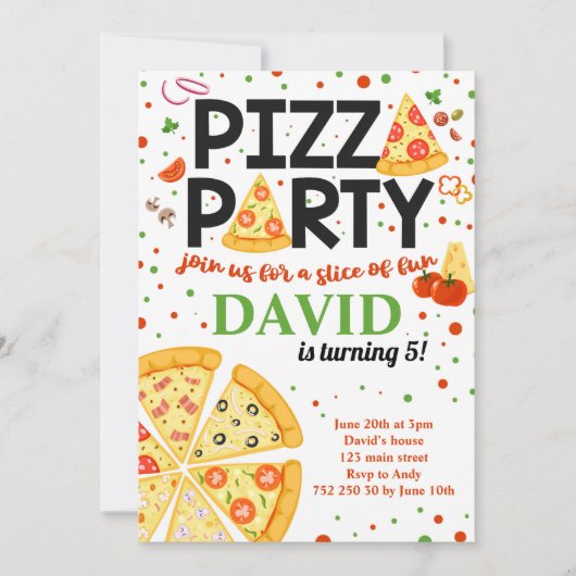 ピザパーティー誕生日キッズイタリアンおもしろいボーイガール 招待状 (正面)