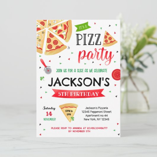 ピザパーティー誕生日招待状ボーイガール 招待状 (スタンド正面)