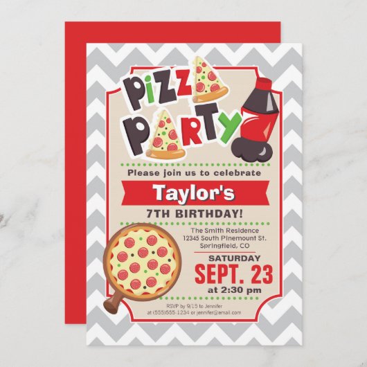 ピザパーティー誕生日招待状 招待状 (正面/裏面)