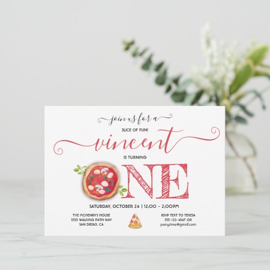 ピザパーティー1回目の誕生日モダン 招待状 (スタンド正面)