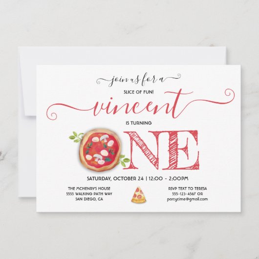 ピザパーティー1回目の誕生日モダン 招待状 (正面)