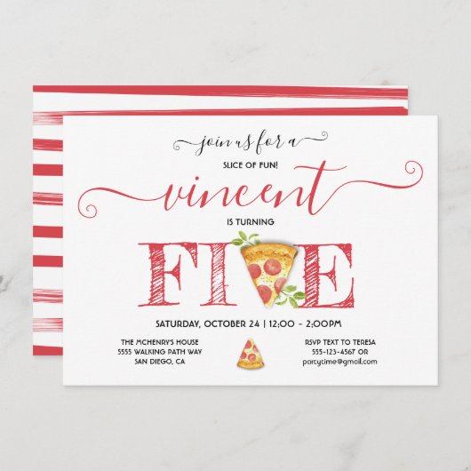ピザパーティー5th誕生日モダン招待状 招待状 (正面/裏面)