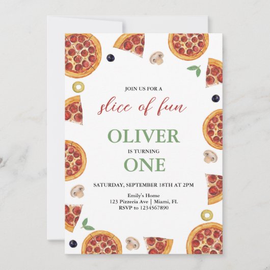 ピザパーティー、おもしろいスライスONEピザパーティー誕生日 招待状 (正面)