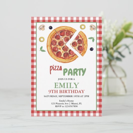 ピザパーティー、スライスおもしろい誕生日 招待状 (スタンド正面)