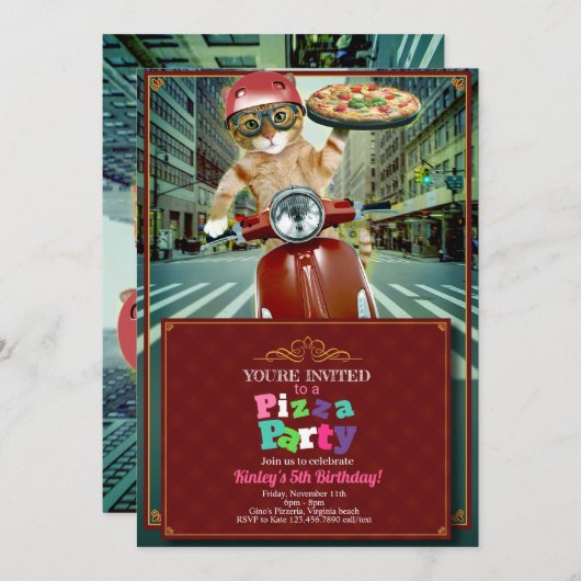ピザパーティー!猫配信招待状 招待状 (正面/裏面)