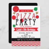 ピザパーティー 赤 黒 & 白の誕生日招待状 招待状 (正面/裏面)