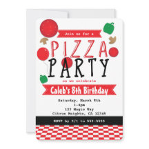 ピザパーティー 赤 黒 & 白の誕生日招待状