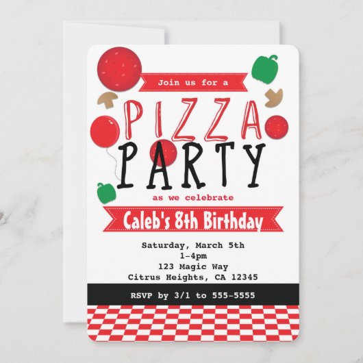 ピザパーティー 赤 黒 & 白の誕生日招待状 招待状 (正面)