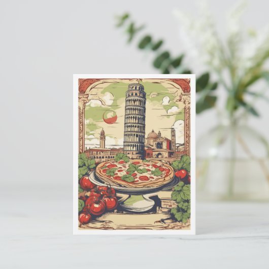ピザピサイタリアヴィンテージトラベルイラストレーション ポストカード (スタンド正面)