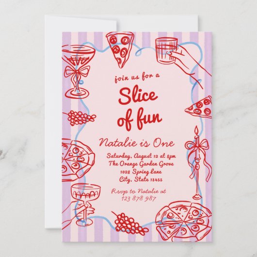 ピザファーストハンドドロースライスおもしろいフォト誕生日 招待状 (正面)