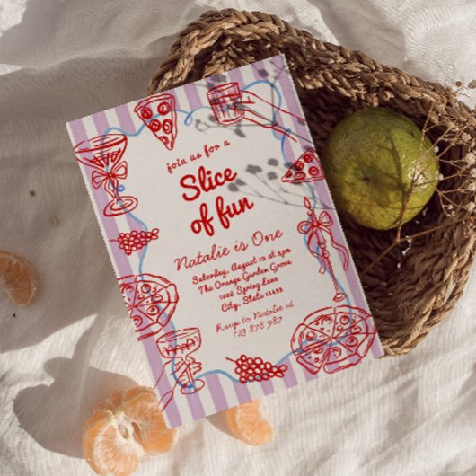 ピザファーストハンド書描スライスのおもしろい誕生日 招待状