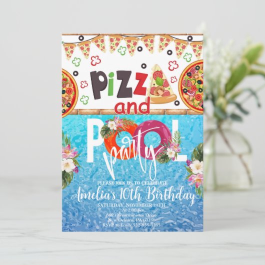 ピザプールパーティー誕生日、プールパーティー誕生日 招待状 (スタンド正面)