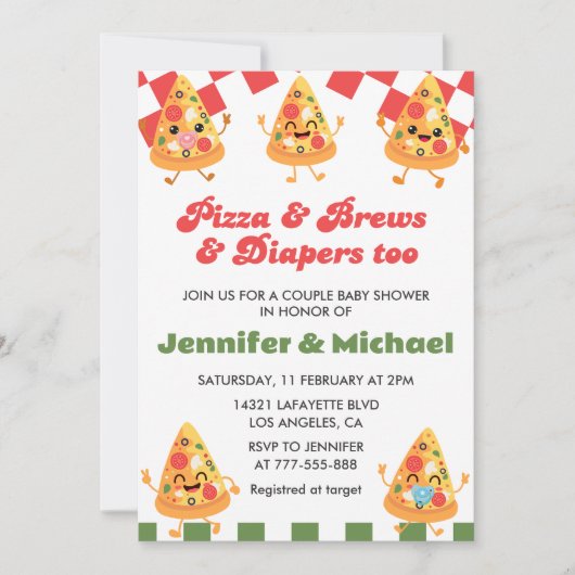 ピザベビーシャワー招待状ピザビールおむつ 招待状 (正面)