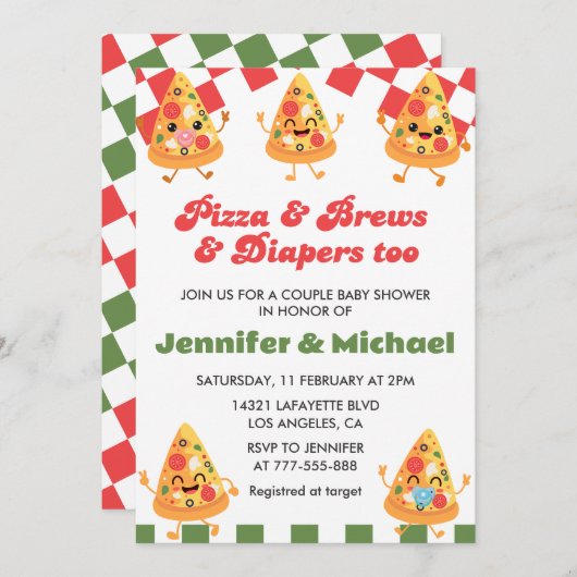 ピザベビーシャワー招待状ピザビールおむつ 招待状 (正面/裏面)