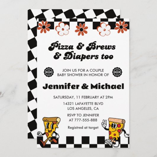 ピザベビーシャワー招待状ピザビールおむつ 招待状 (正面/裏面)