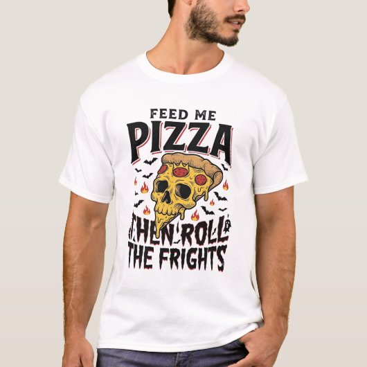 ピザホラーTシャツビンテージ風彫刻映画の夜D Tシャツ (正面)