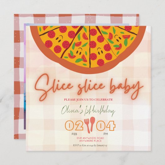 ピザモダンテーマ写真の最初の誕生日 招待状 (正面/裏面)