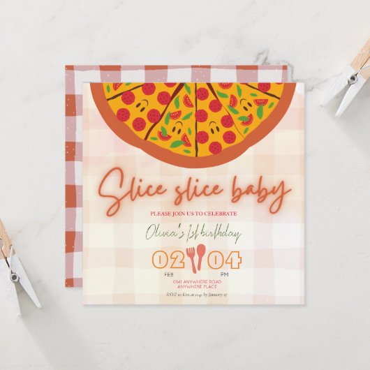 ピザモダンテーマ写真の最初の誕生日 招待状 (正面/裏面インサイチュ)