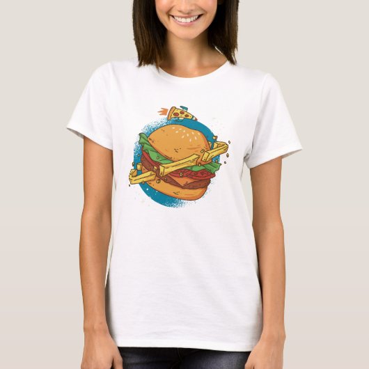 ピザロケットを使ったチーズバーガー惑星 Tシャツ (正面)